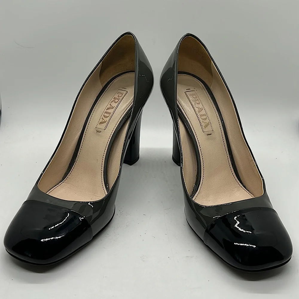 Prada Authenticated Black/Dark Gray Leather High Heels Shoes *Sz 37.5/US Sz 7.5* - Picture 3 of 11